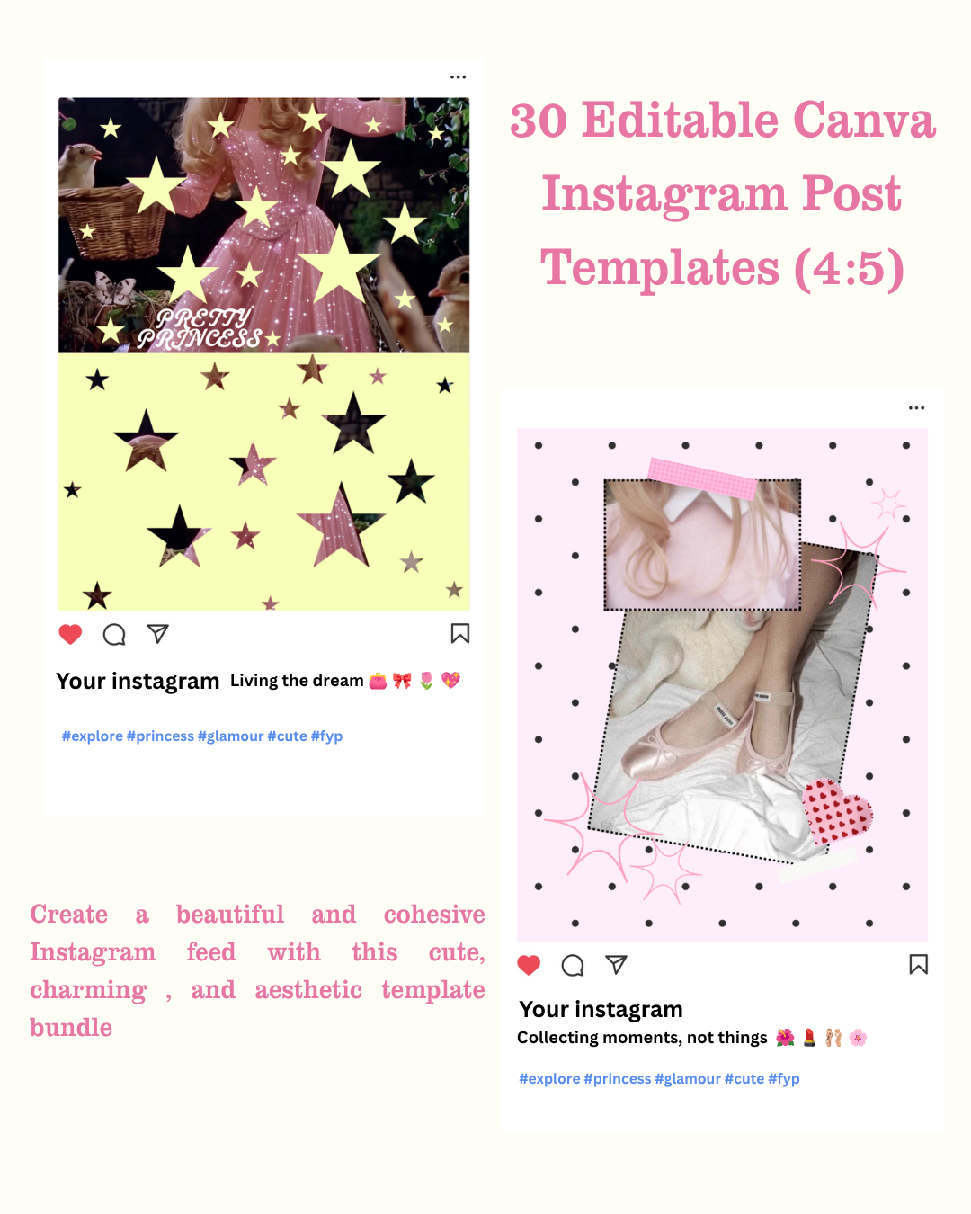 Pretty Pink Girly Instagram Post Template Bundle 30 Editable Canva Instagram Posts (4:5 Ratio)